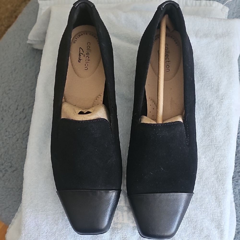 Clarks Black Suede Loafers with Leather Toe Cap